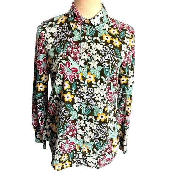 Talbots Womens Floral Mirrored Garden Cotton Button Front Long Sleeves  S - Picture 1 of 10